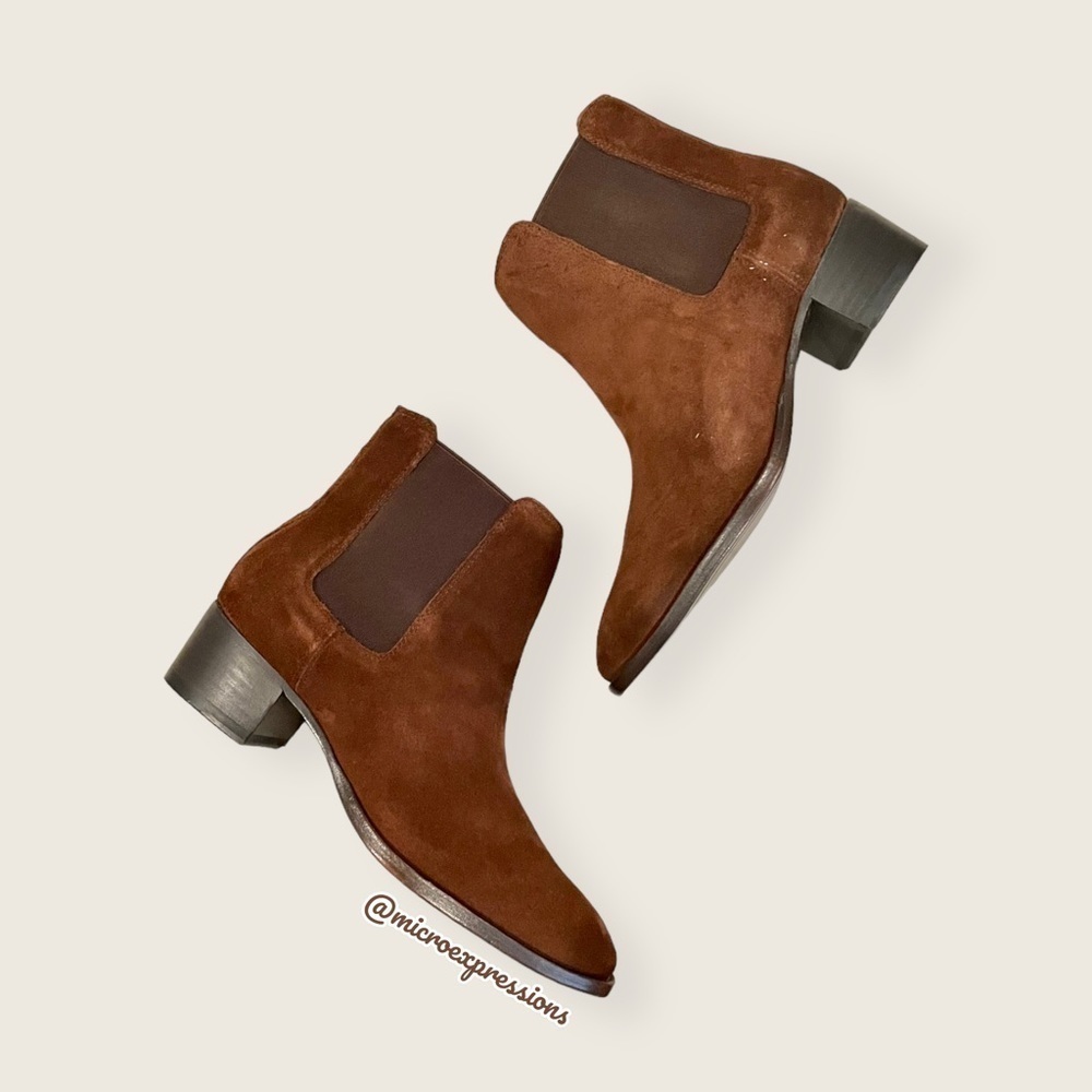 $359 Frye Dara Genuine Leather Brown Oiled Suede Chelsea Low Heel Ankle Boots - Picture 12 of 16